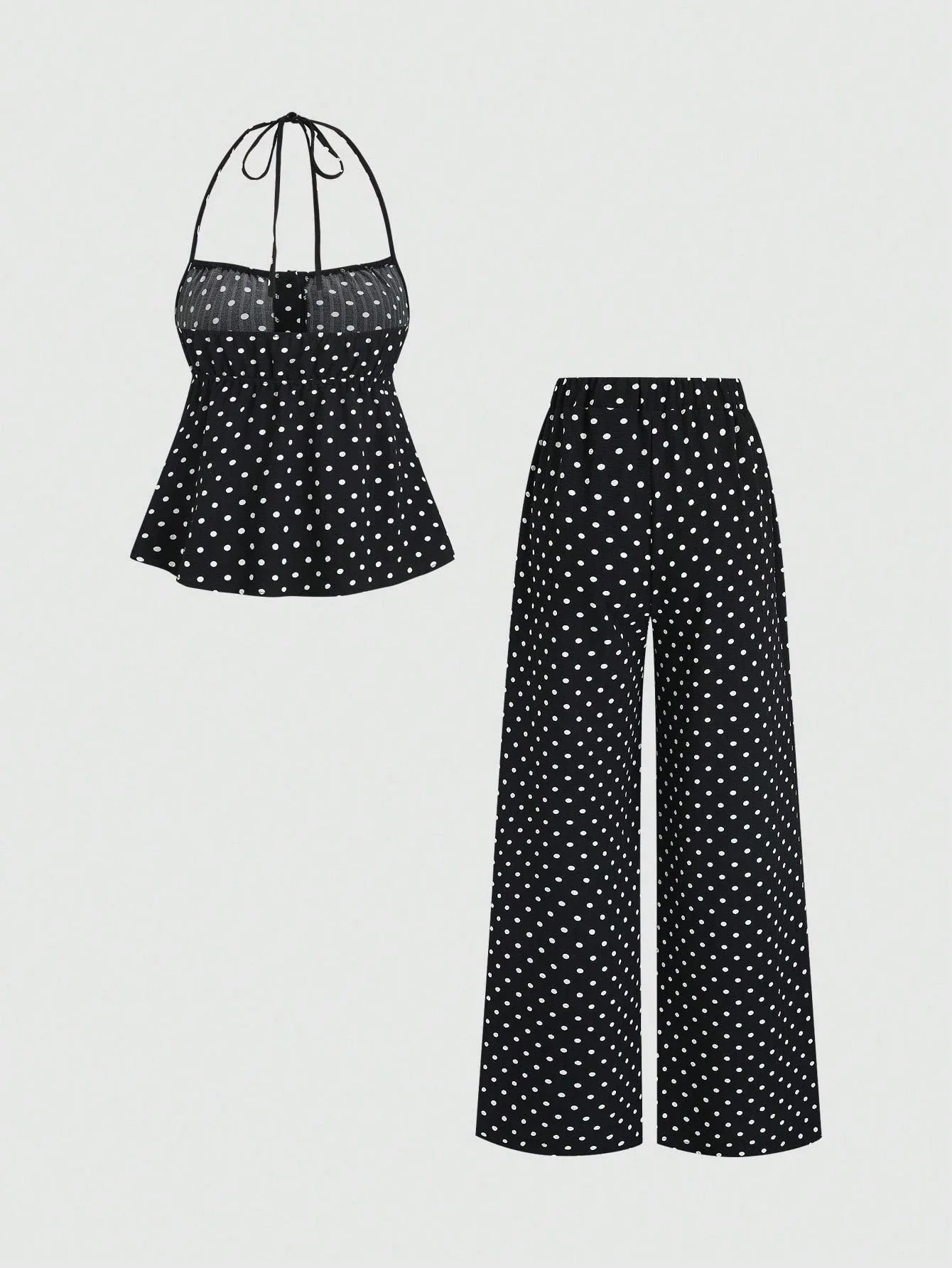 Women's Halter Neck Peplum Top and Wide Leg Pants Set