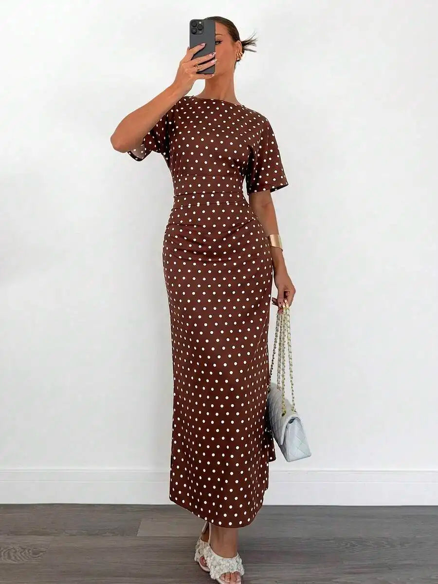 Women's Cotton Blend Short Sleeve Cinched Waist Maxi Dress