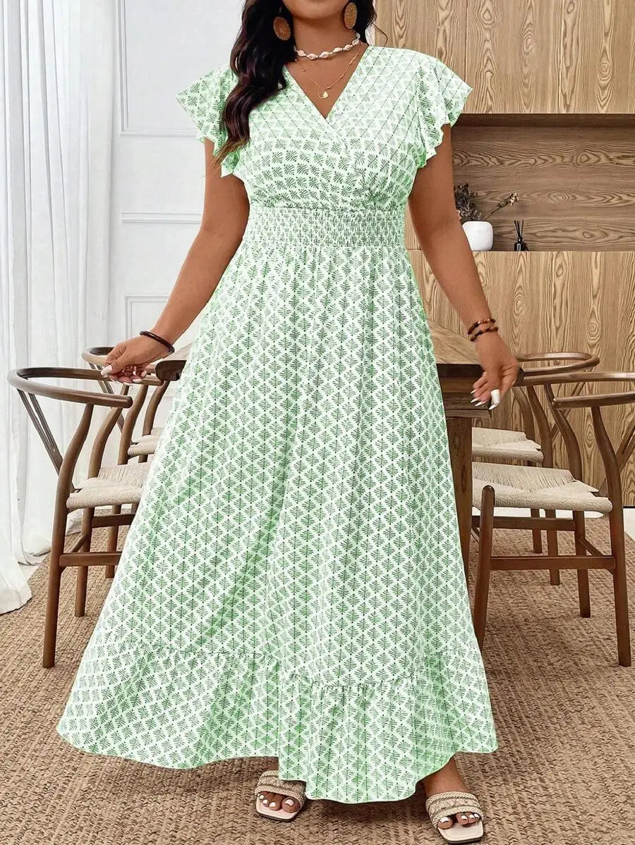Women's Ruffle Short Sleeve Elastic Waist Maxi Dress