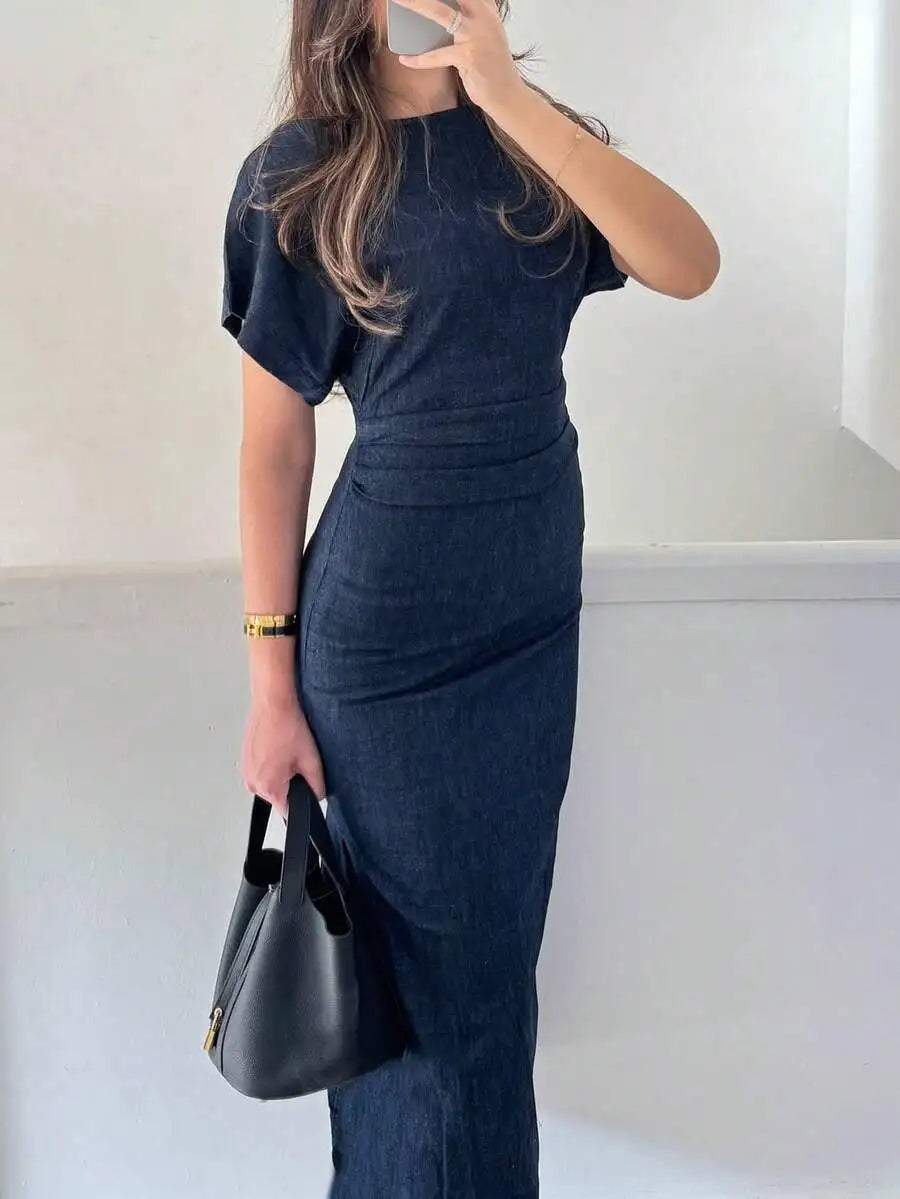 Women's Cotton Blend Short Sleeve Cinched Waist Maxi Dress