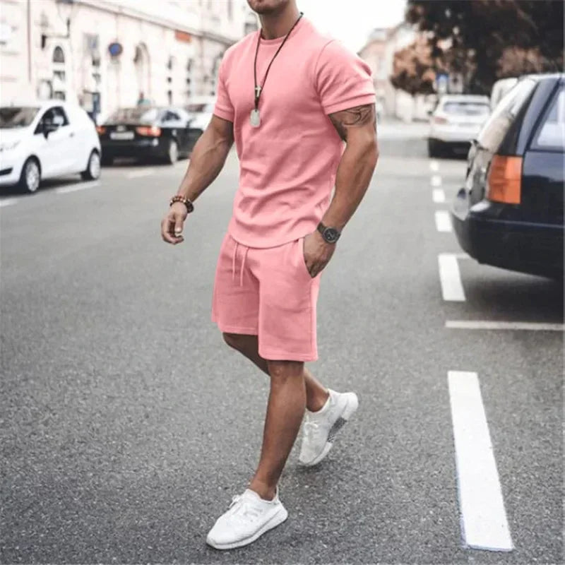Solid Color Europe and The United States Men's 13 Color Summer New Short Sleeve Tshirt +Shorts 2pcs Set Leisure Sports Men Suit