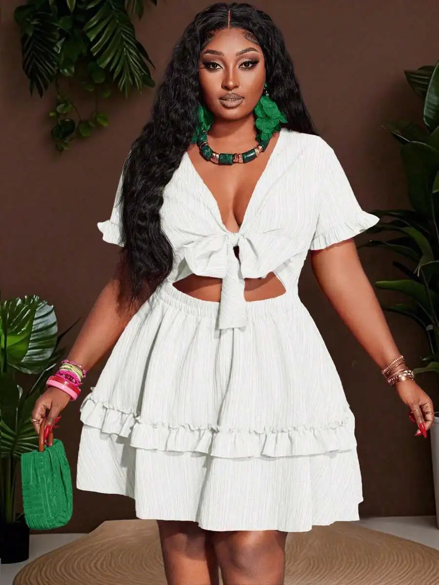Women's Ruffle Mini Dress with Chest Tie-Up and Hollow Out Detail A-Line
