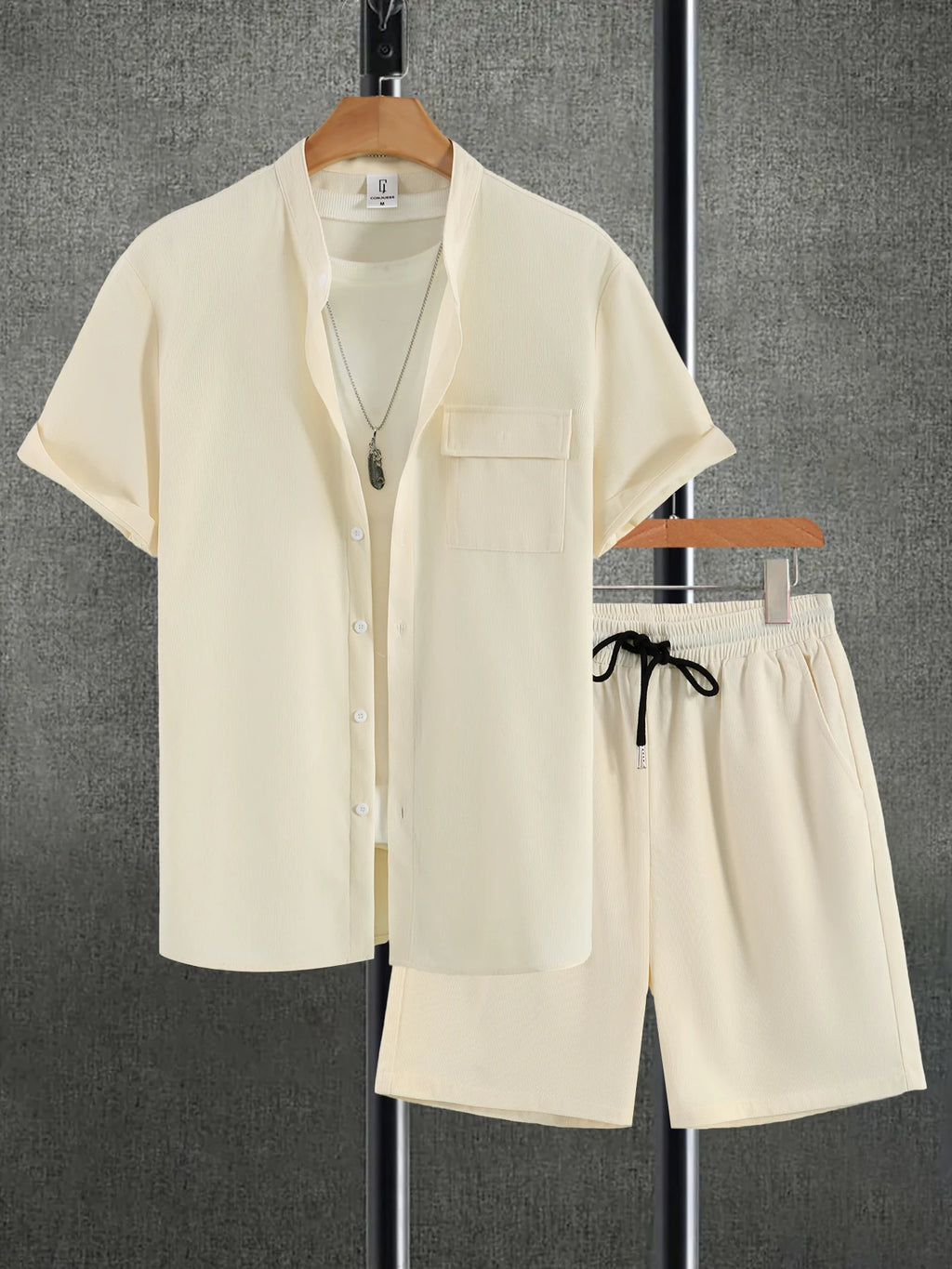 Men's Summer Chinese Style Set, Off-White Stand Collar Short Sleeve Shirt + Shorts
