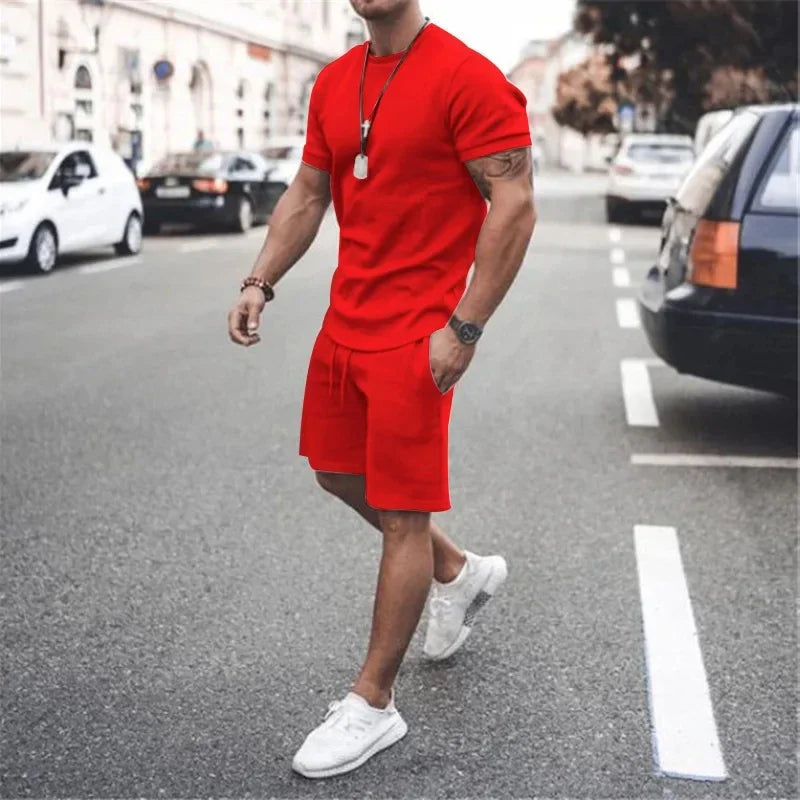 Solid Color Europe and The United States Men's 13 Color Summer New Short Sleeve Tshirt +Shorts 2pcs Set Leisure Sports Men Suit