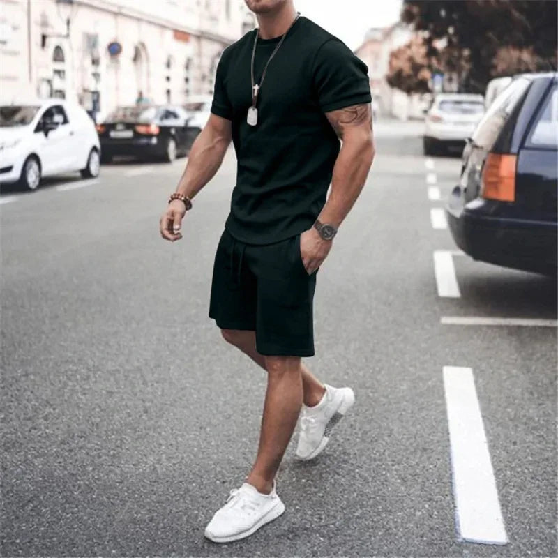 Solid Color Europe and The United States Men's 13 Color Summer New Short Sleeve Tshirt +Shorts 2pcs Set Leisure Sports Men Suit