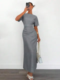 Women's Cotton Blend Short Sleeve Cinched Waist Maxi Dress
