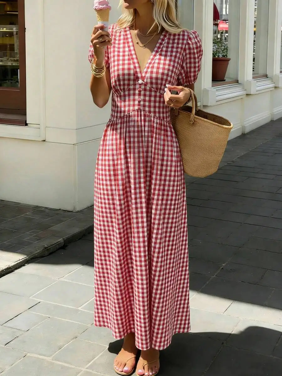 Women's V-Neck Petal Sleeve Cinched Waist Midi Swing Dress