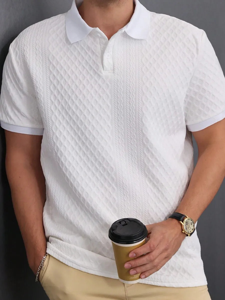 Men's White Short Sleeve Polo Shirt with Geometric Jacquard Knit