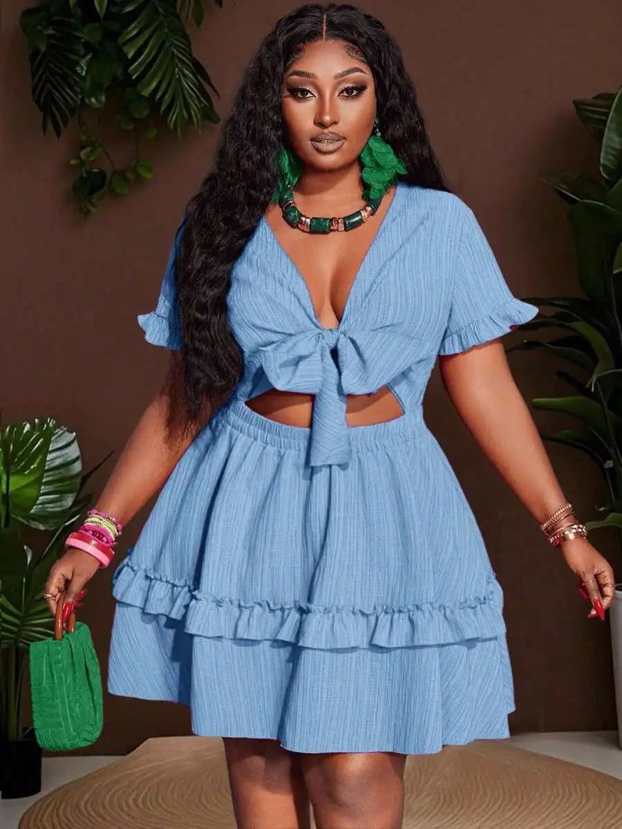 Women's Ruffle Mini Dress with Chest Tie-Up and Hollow Out Detail A-Line