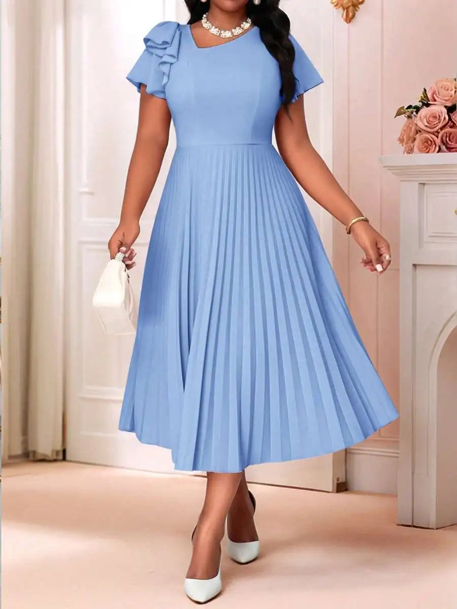 Women's Pleated Summer Midi Dress With Flounce Sleeve
