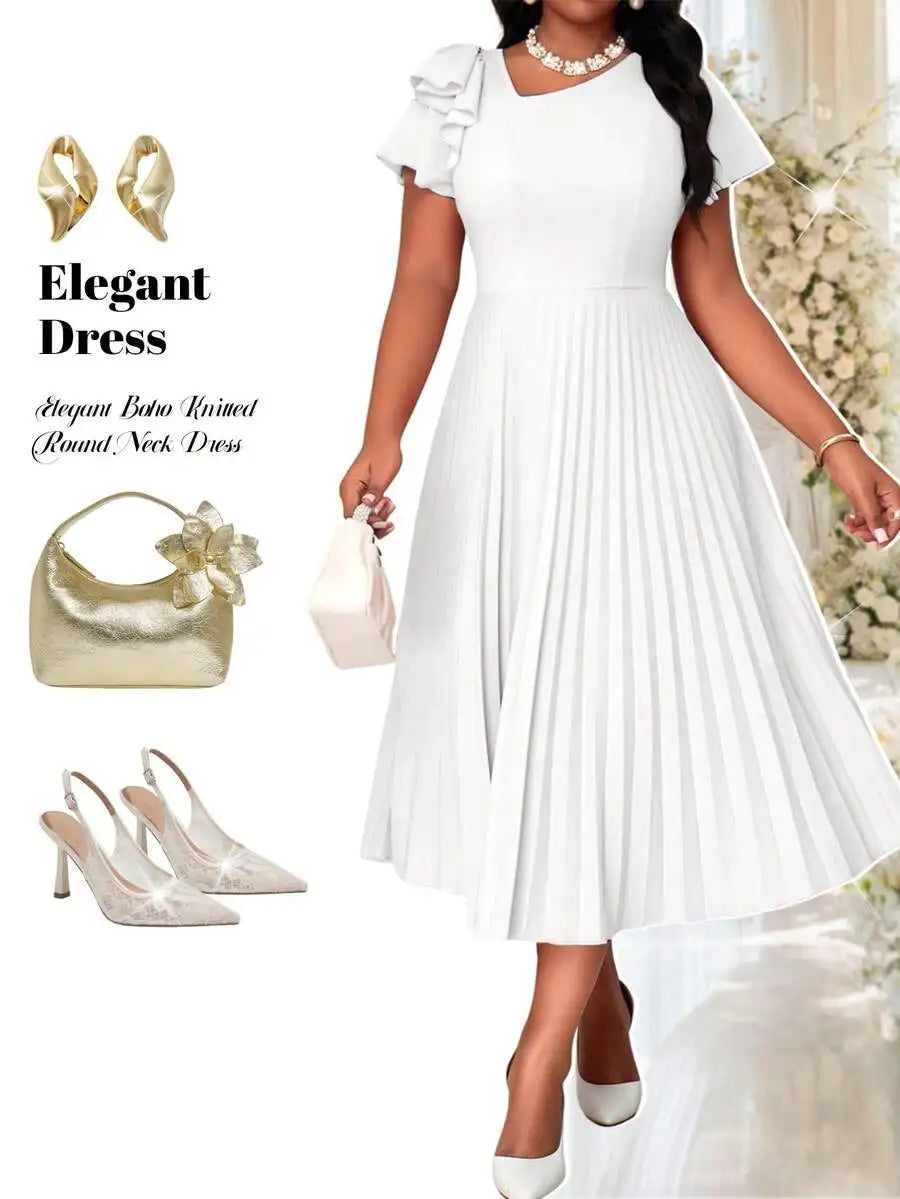 Women's Pleated Summer Midi Dress With Flounce Sleeve