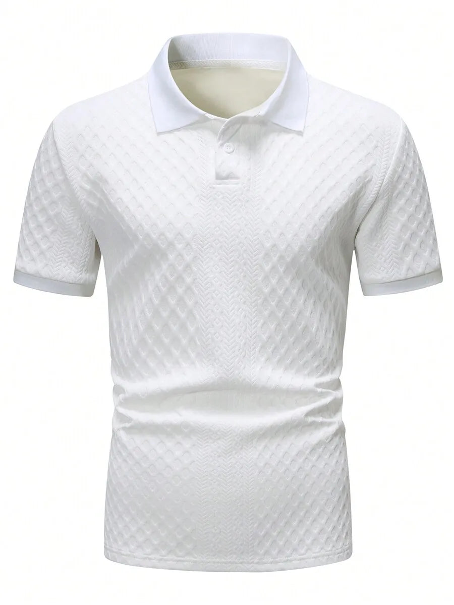 Men's White Short Sleeve Polo Shirt with Geometric Jacquard Knit