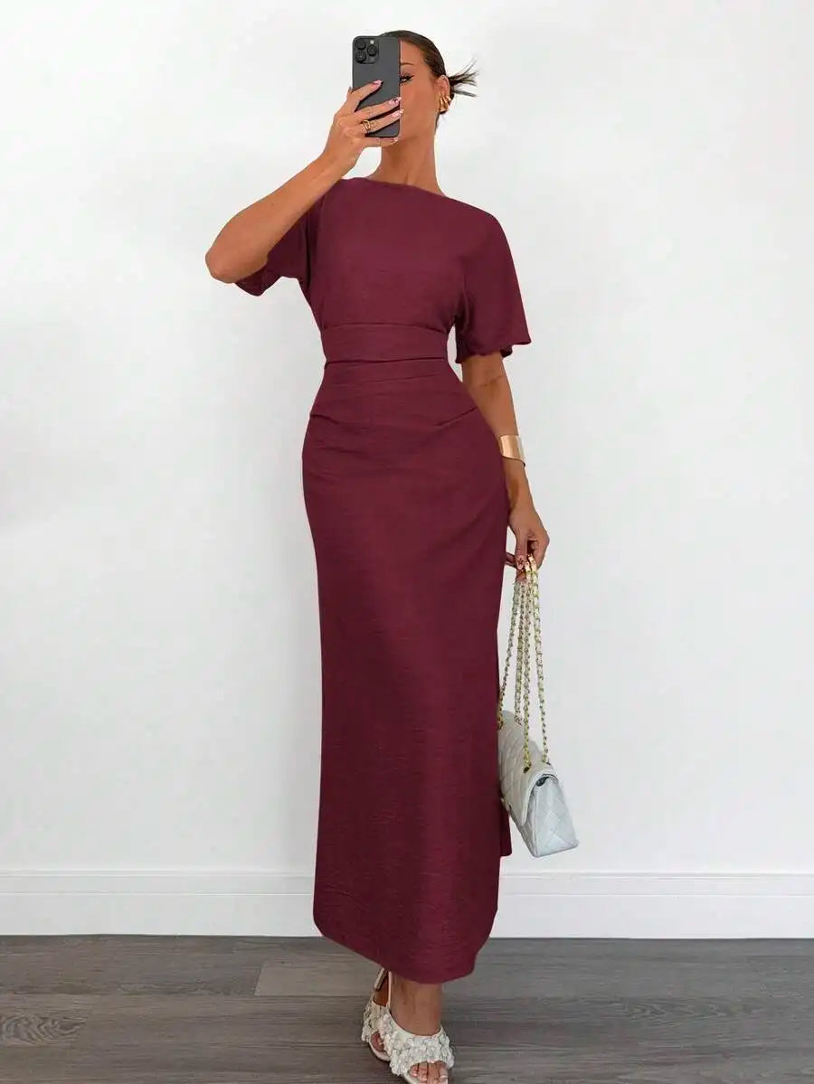Women's Cotton Blend Short Sleeve Cinched Waist Maxi Dress