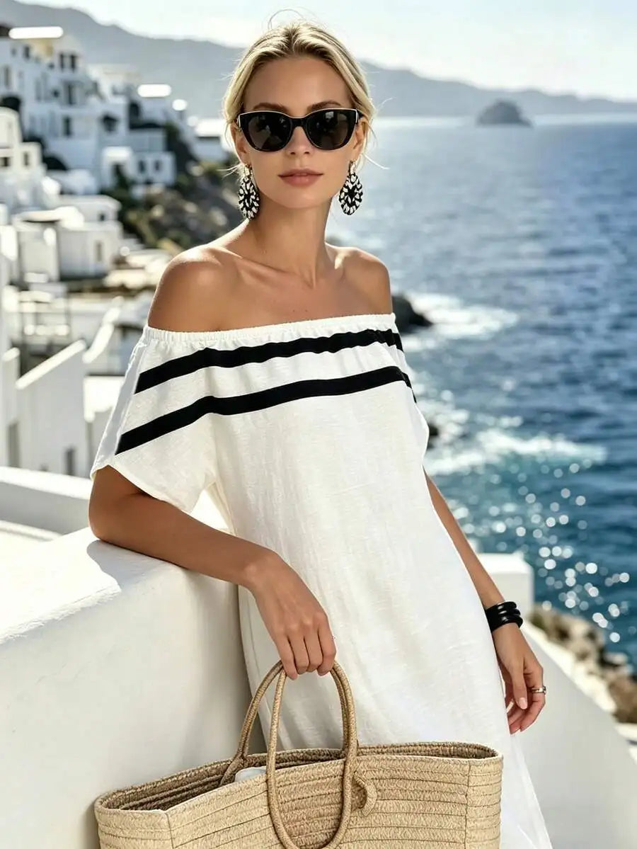 White Off Shoulder Striped Casual Vacation Midi Dress For Women