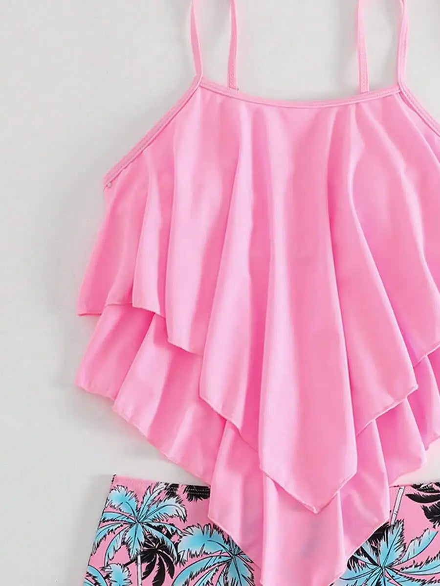Women's Ruffled Tank Top with High-Waisted Tropical Bikini Bottoms