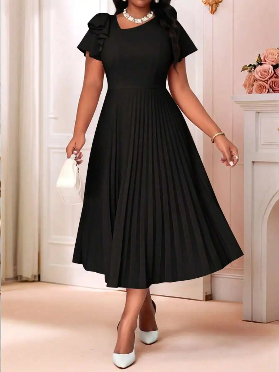 Women's Pleated Summer Midi Dress With Flounce Sleeve