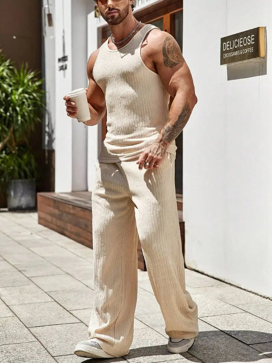 Men Summer Tank Top And Pants Set Sleeveless Ribbed Two Piece Outfit