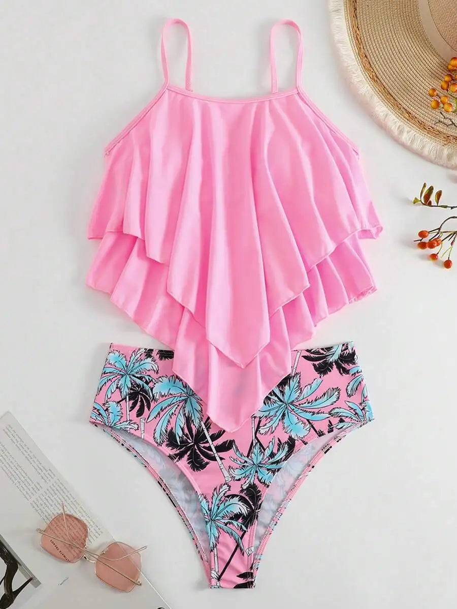 Women's Ruffled Tank Top with High-Waisted Tropical Bikini Bottoms
