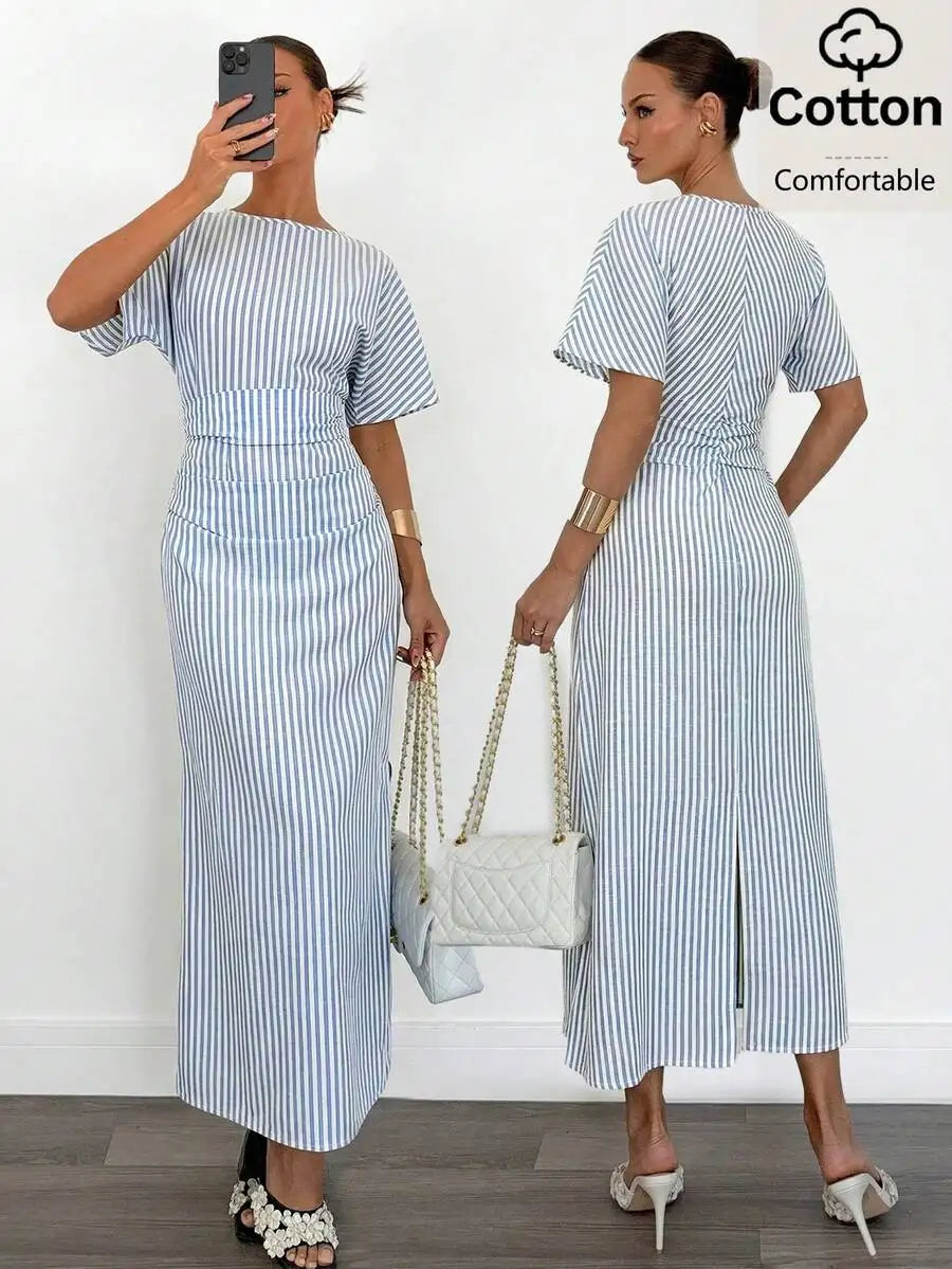 Women's Cotton Blend Short Sleeve Cinched Waist Maxi Dress