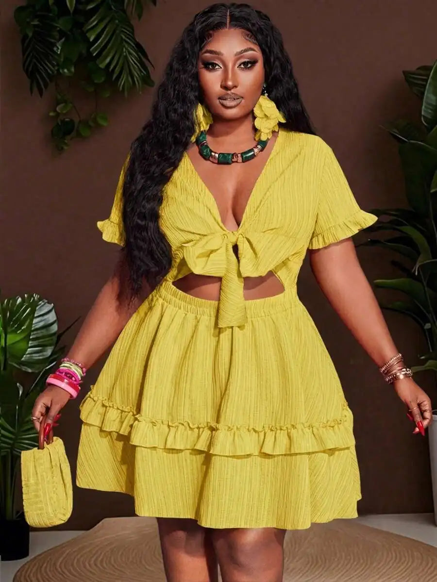 Women's Ruffle Mini Dress with Chest Tie-Up and Hollow Out Detail A-Line