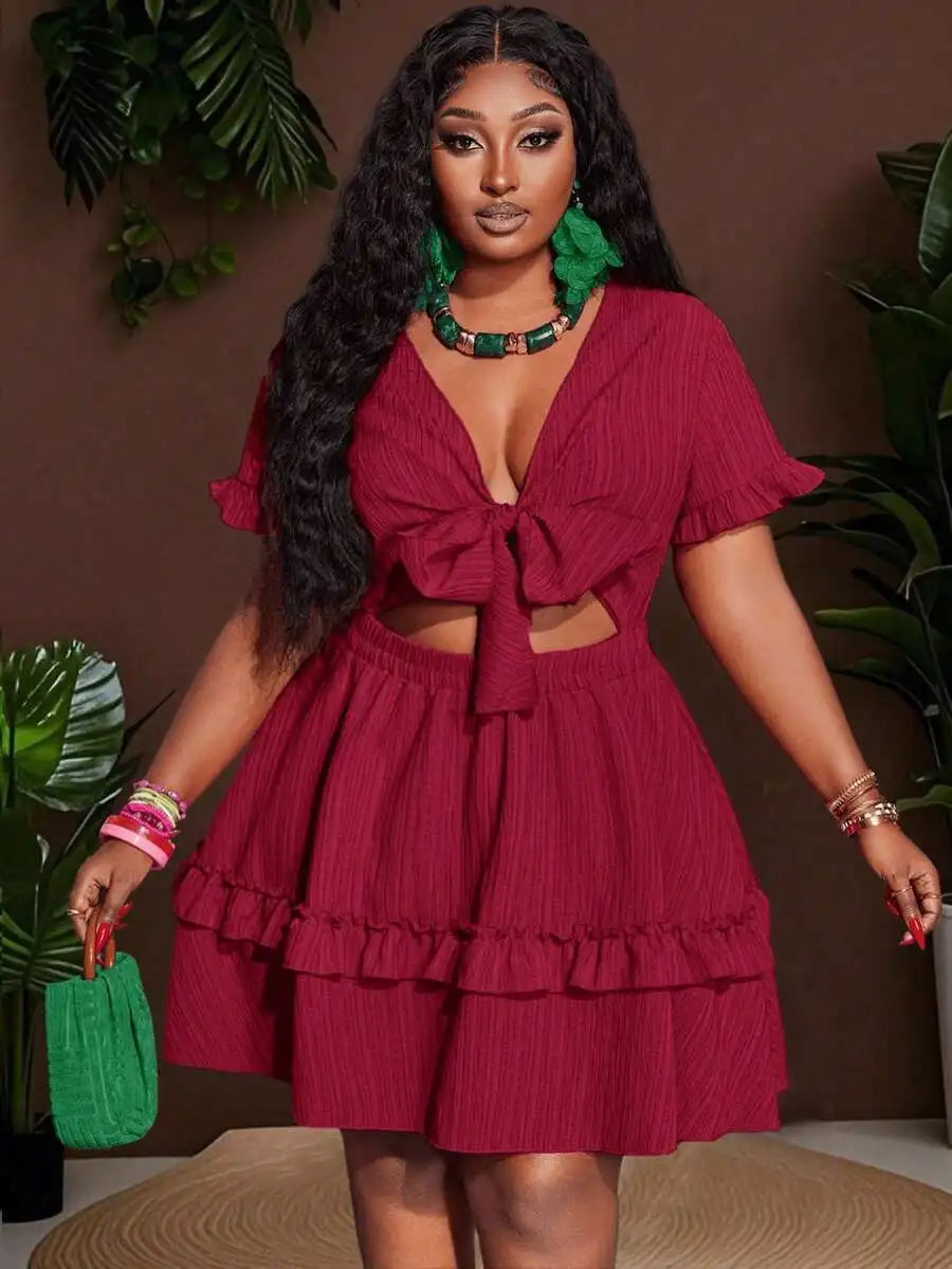 Women's Ruffle Mini Dress with Chest Tie-Up and Hollow Out Detail A-Line