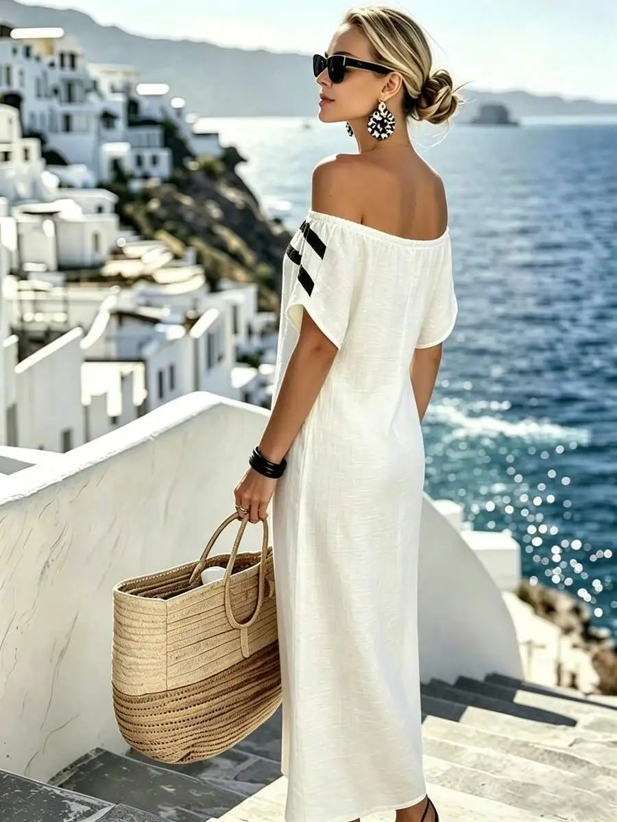 White Off Shoulder Striped Casual Vacation Midi Dress For Women