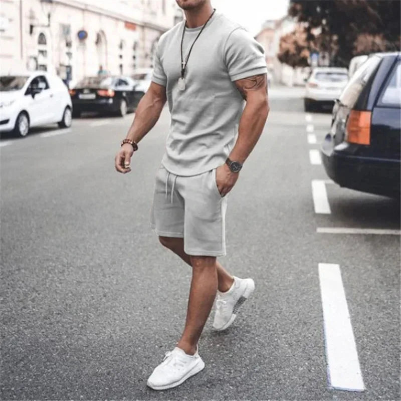 Solid Color Europe and The United States Men's 13 Color Summer New Short Sleeve Tshirt +Shorts 2pcs Set Leisure Sports Men Suit