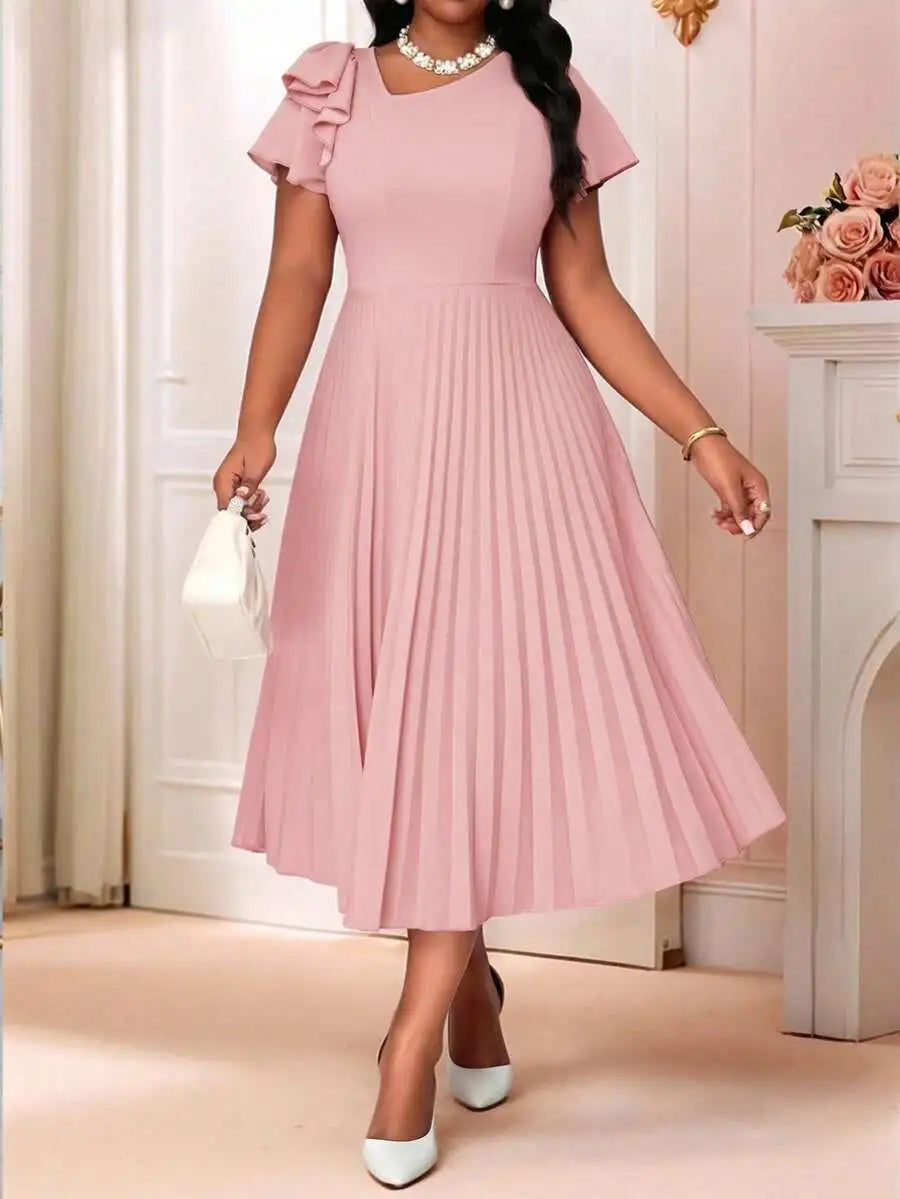 Women's Pleated Summer Midi Dress With Flounce Sleeve