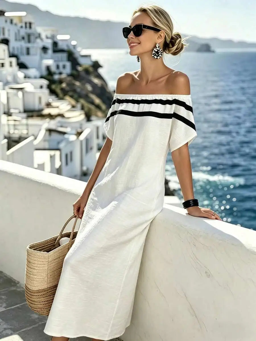 White Off Shoulder Striped Casual Vacation Midi Dress For Women