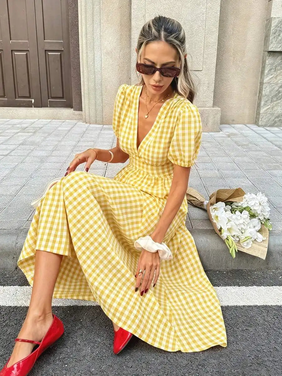 Women's V-Neck Petal Sleeve Cinched Waist Midi Swing Dress