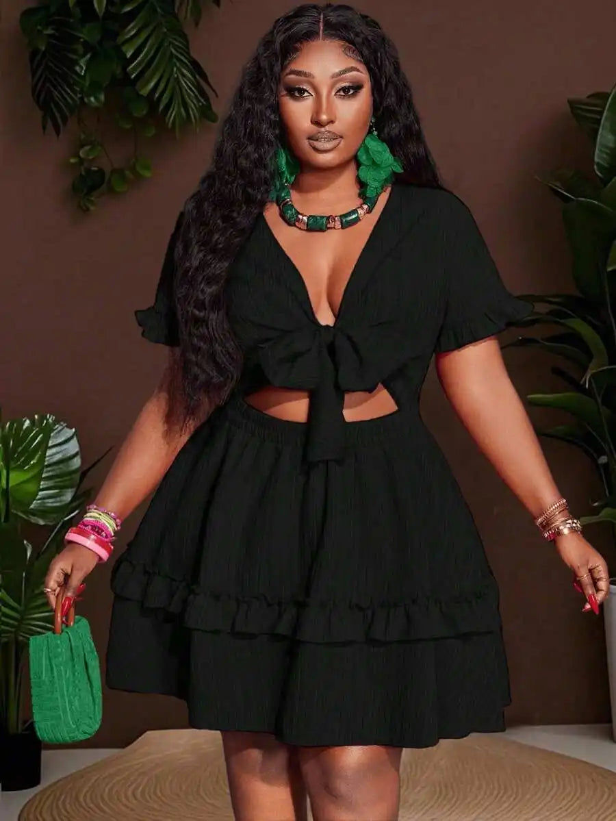 Women's Ruffle Mini Dress with Chest Tie-Up and Hollow Out Detail A-Line