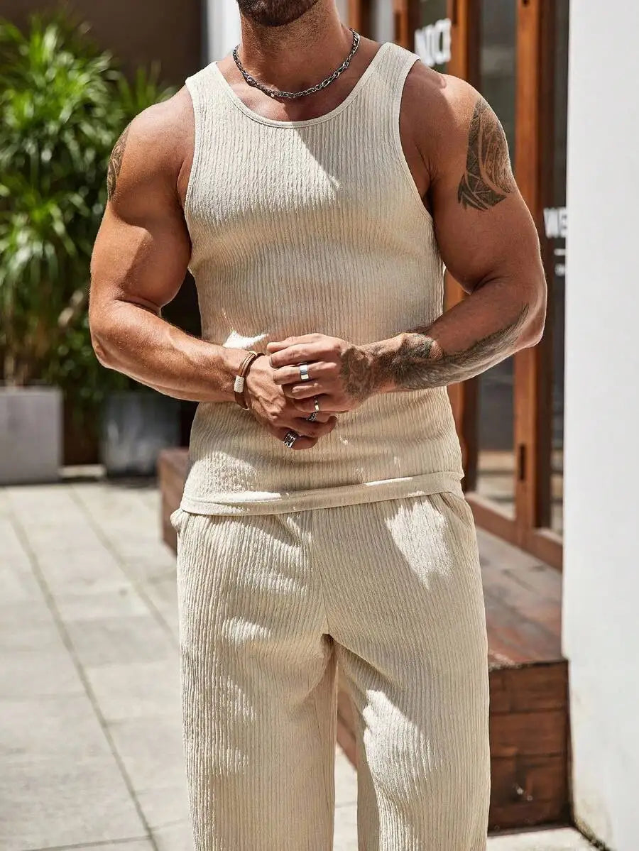 Men Summer Tank Top And Pants Set Sleeveless Ribbed Two Piece Outfit