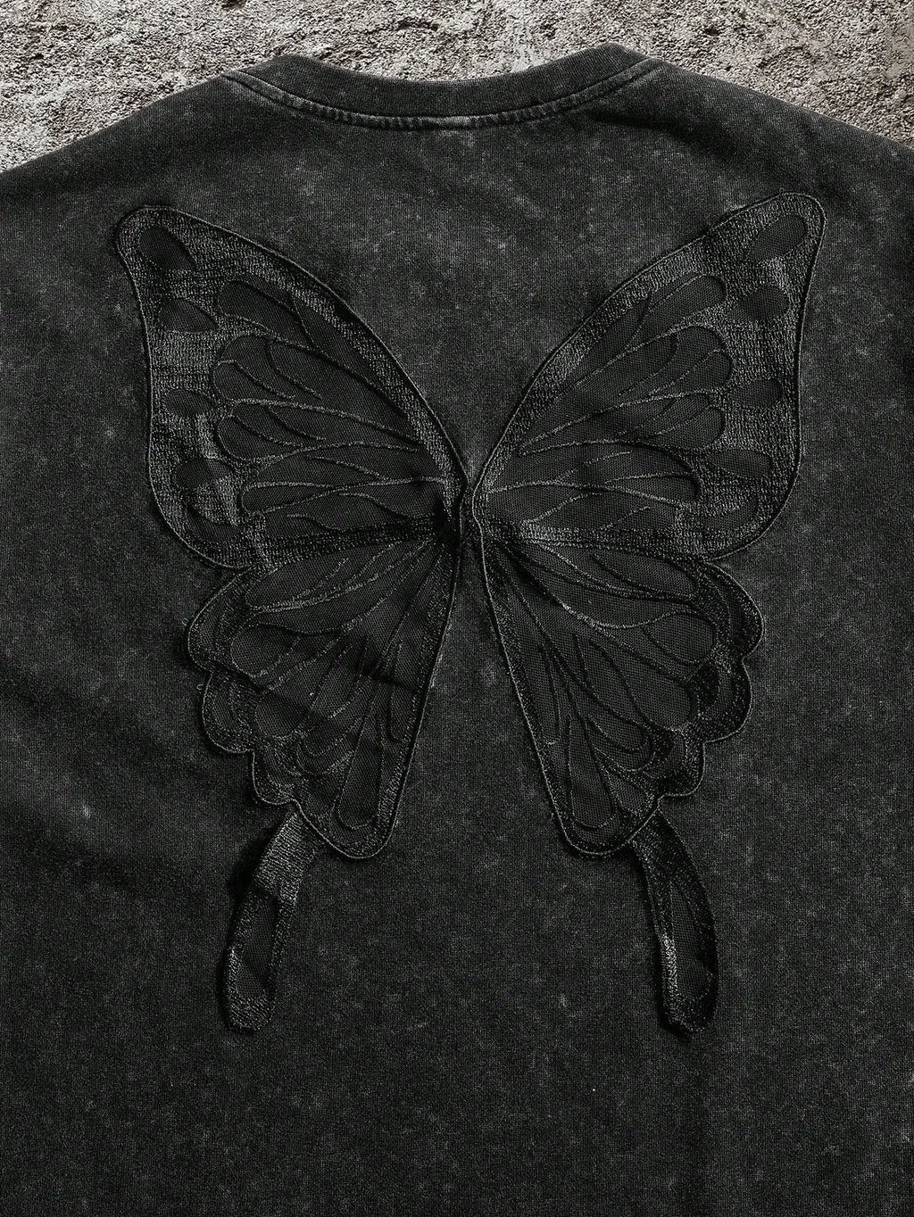 Men's Distressed Black T-Shirt with 3D Butterfly Back Design, Loose Fit Casual Streetwear