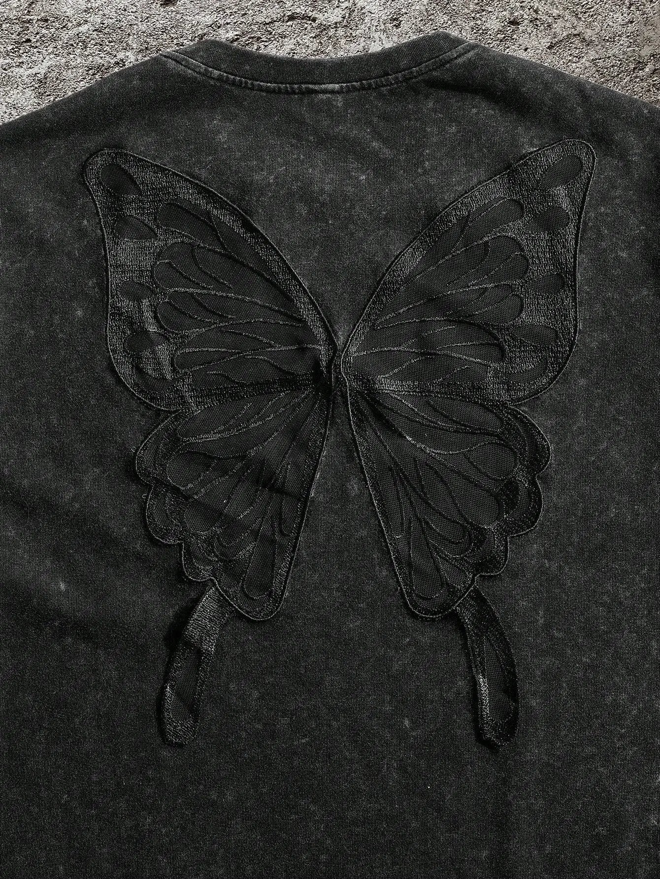 Men's Distressed Black T-Shirt with 3D Butterfly Back Design, Loose Fit Casual Streetwear