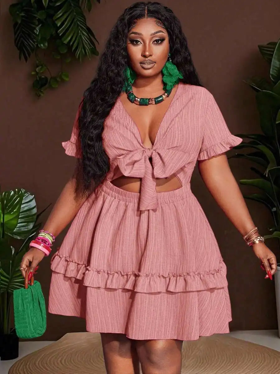 Women's Ruffle Mini Dress with Chest Tie-Up and Hollow Out Detail A-Line