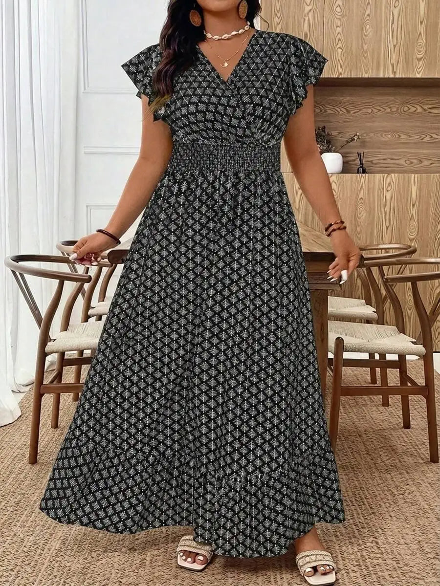 Women's Ruffle Short Sleeve Elastic Waist Maxi Dress