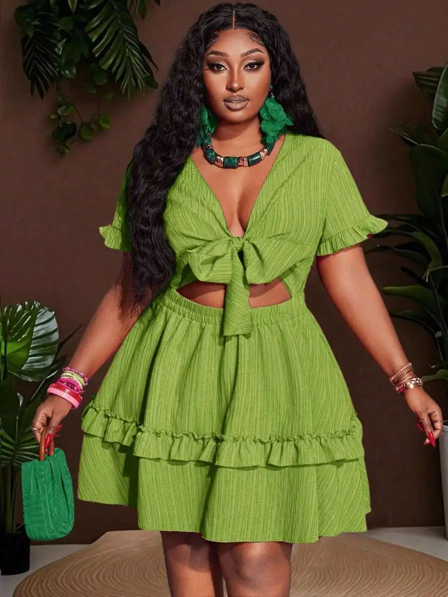 Women's Ruffle Mini Dress with Chest Tie-Up and Hollow Out Detail A-Line