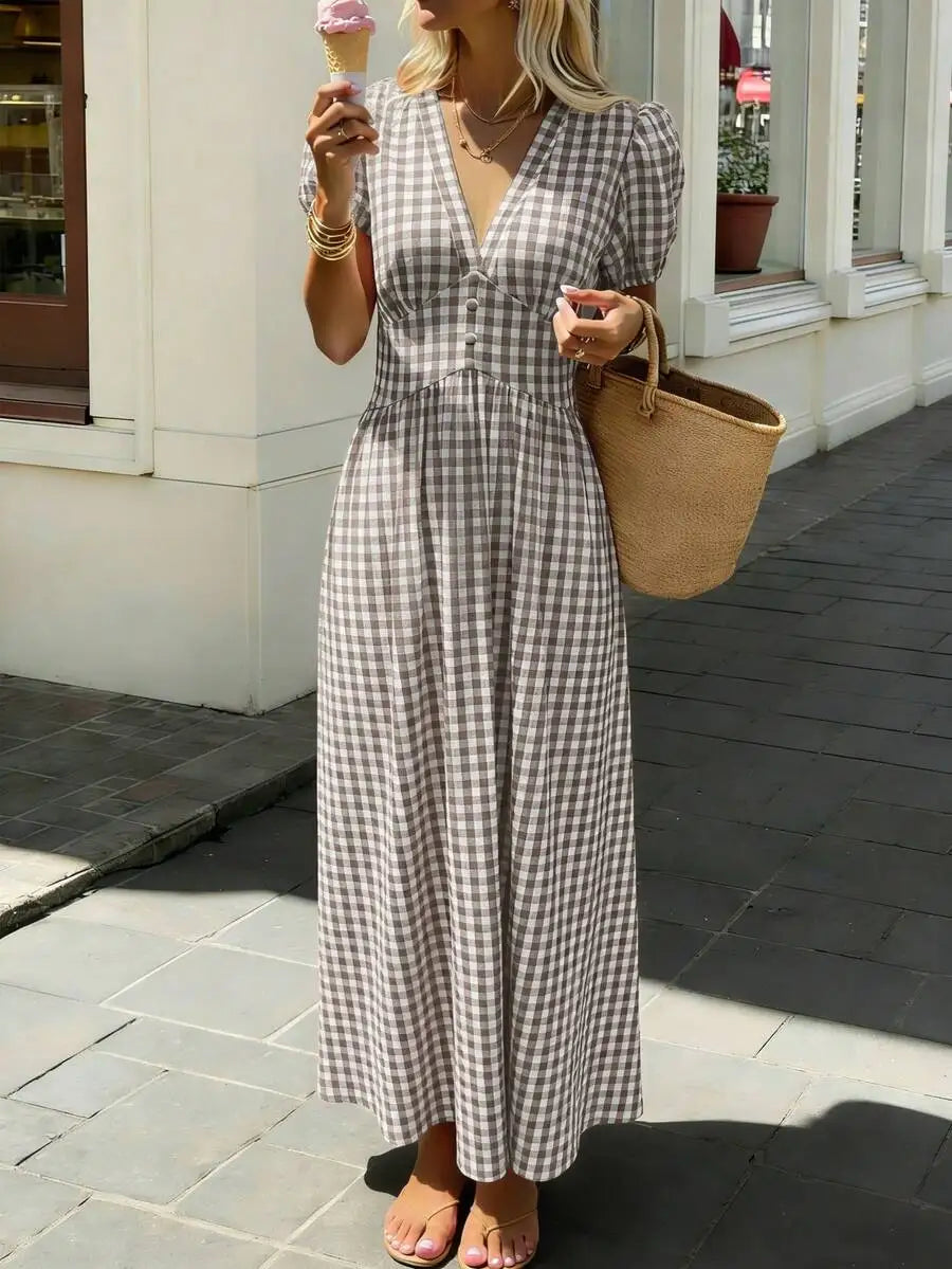 Women's V-Neck Petal Sleeve Cinched Waist Midi Swing Dress