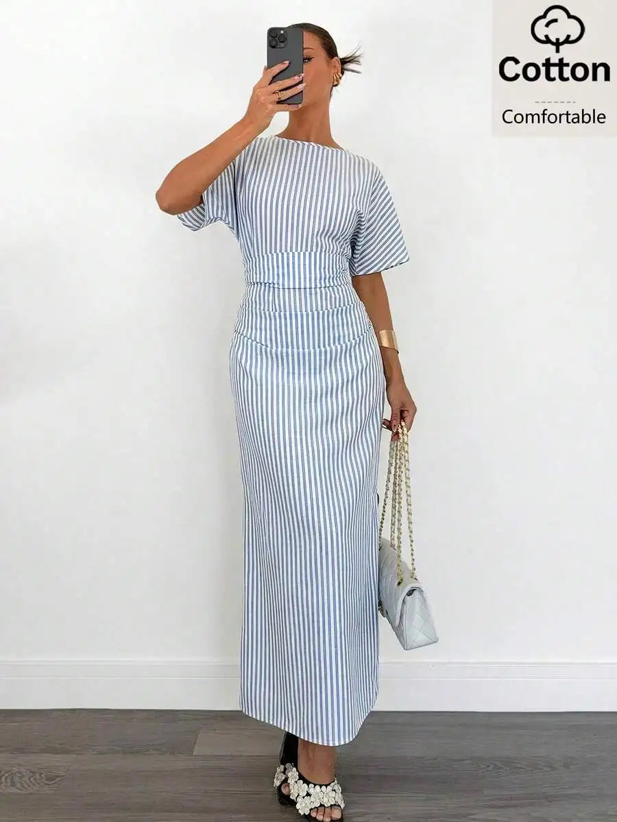 Women's Cotton Blend Short Sleeve Cinched Waist Maxi Dress