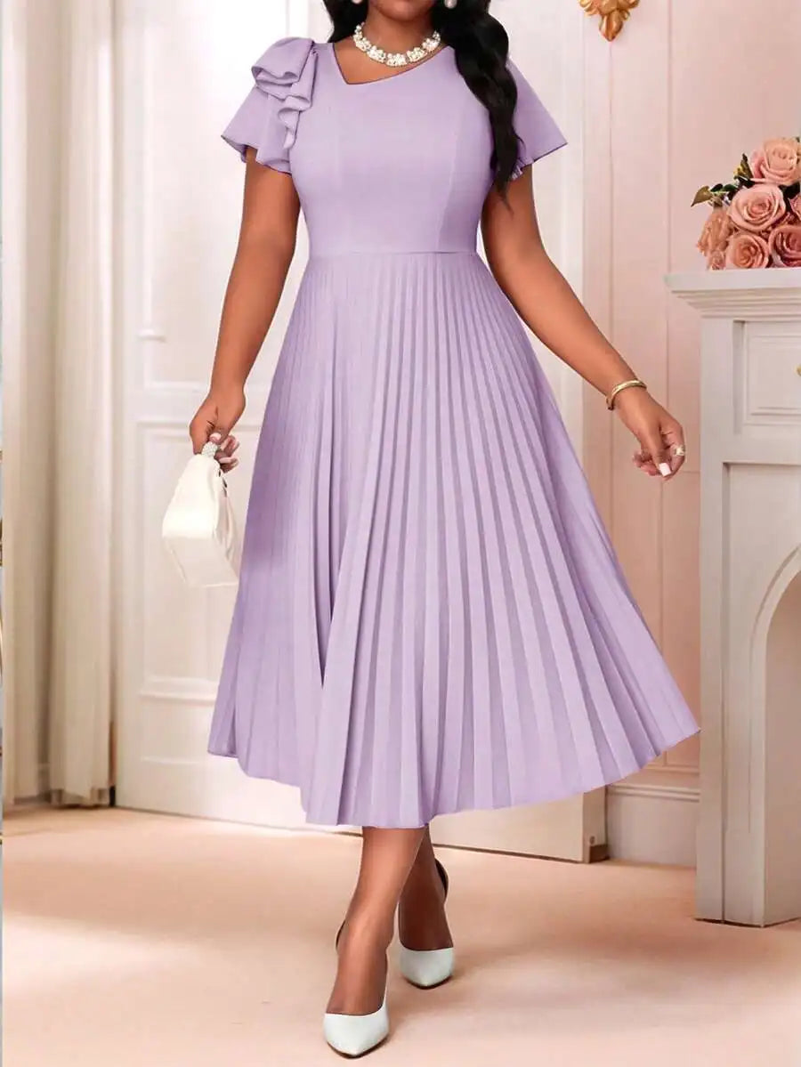 Women's Pleated Summer Midi Dress With Flounce Sleeve