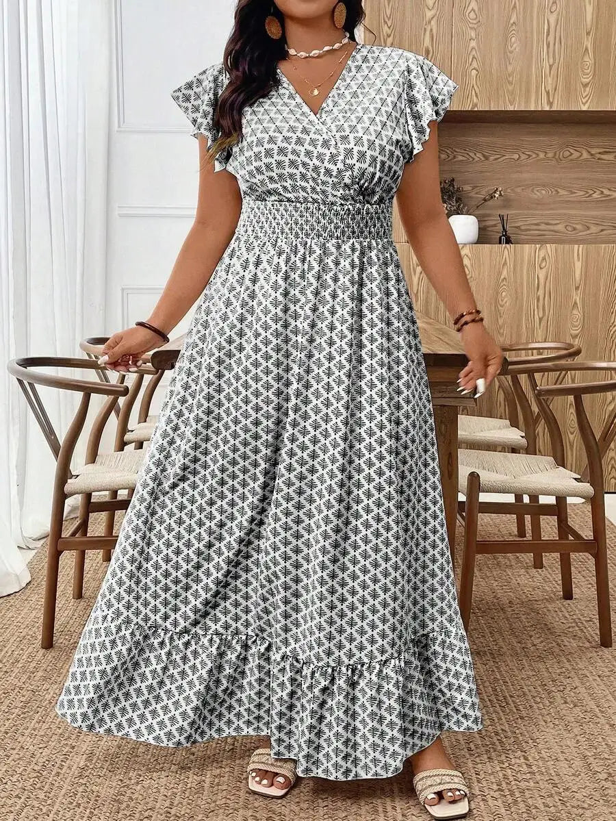 Women's Ruffle Short Sleeve Elastic Waist Maxi Dress