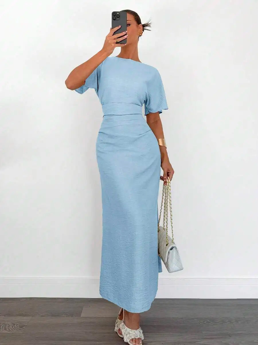 Women's Cotton Blend Short Sleeve Cinched Waist Maxi Dress