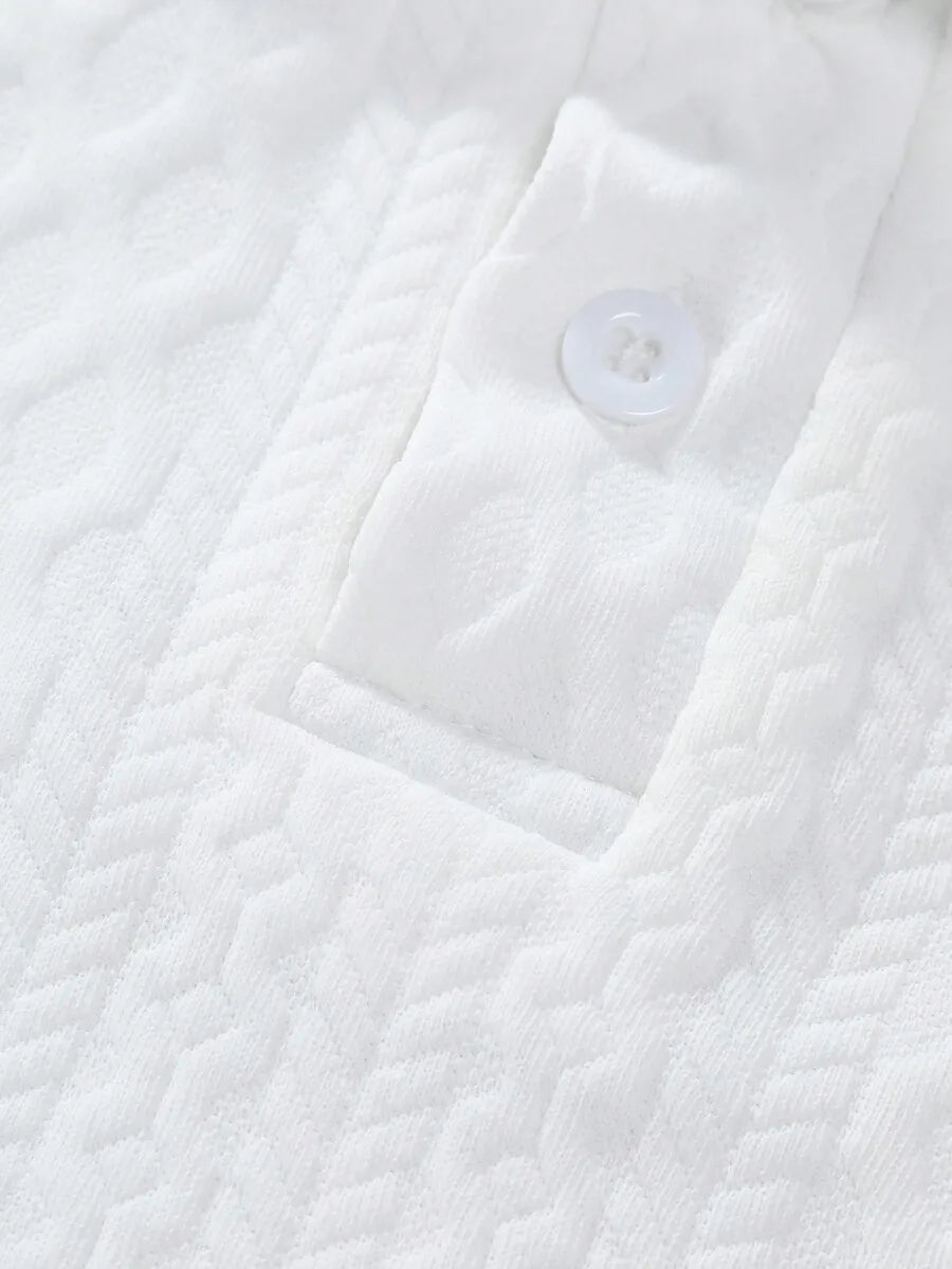Men's White Short Sleeve Polo Shirt with Geometric Jacquard Knit