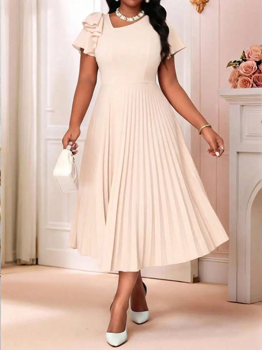 Women's Pleated Summer Midi Dress With Flounce Sleeve