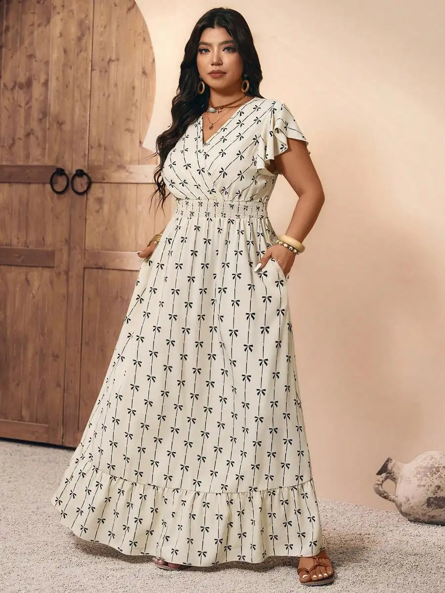 Women's Ruffle Short Sleeve Elastic Waist Maxi Dress