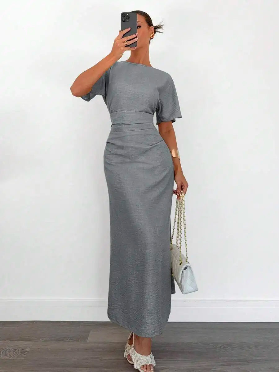 Women's Cotton Blend Short Sleeve Cinched Waist Maxi Dress