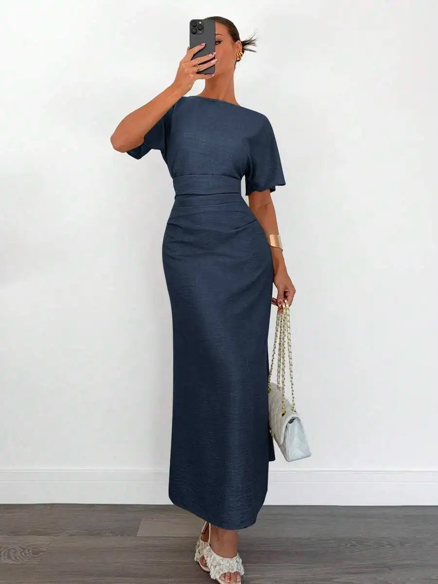 Women's Cotton Blend Short Sleeve Cinched Waist Maxi Dress