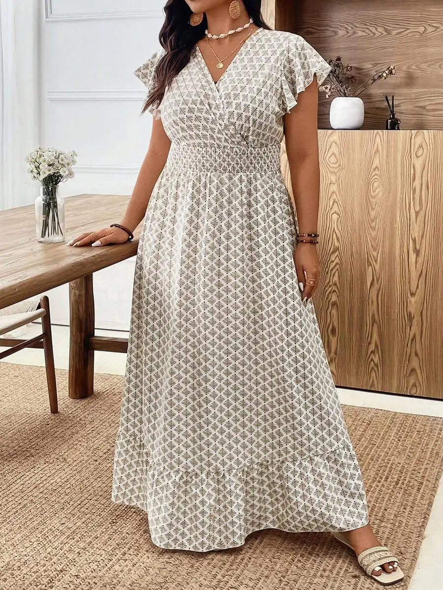 Women's Ruffle Short Sleeve Elastic Waist Maxi Dress