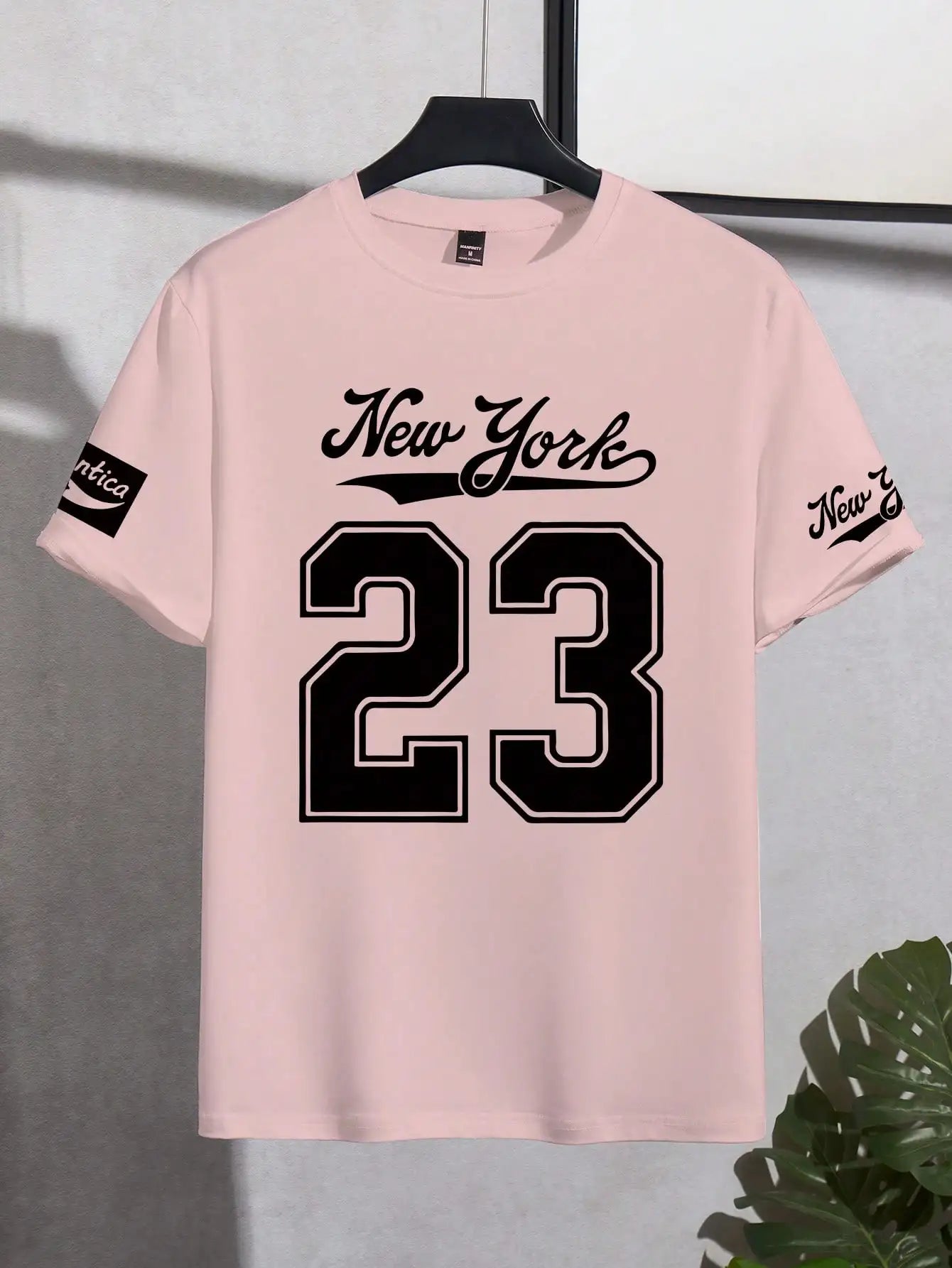 Men's Casual #23 Graphic Print Crew Neck Short Sleeve T-Shirt, Y2K Style, Pink
