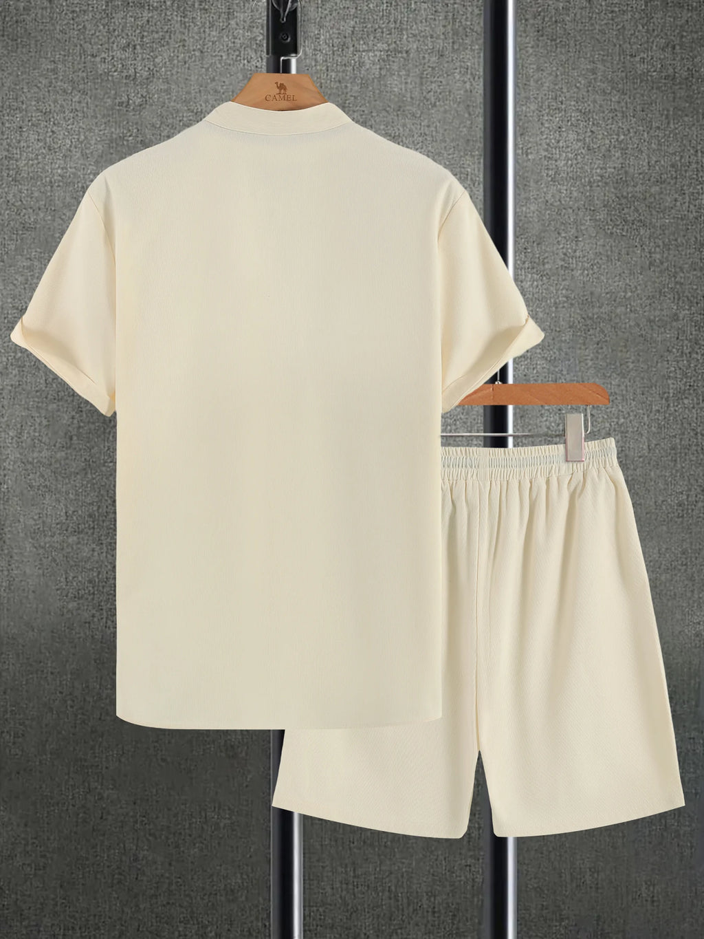 Men's Summer Chinese Style Set, Off-White Stand Collar Short Sleeve Shirt + Shorts